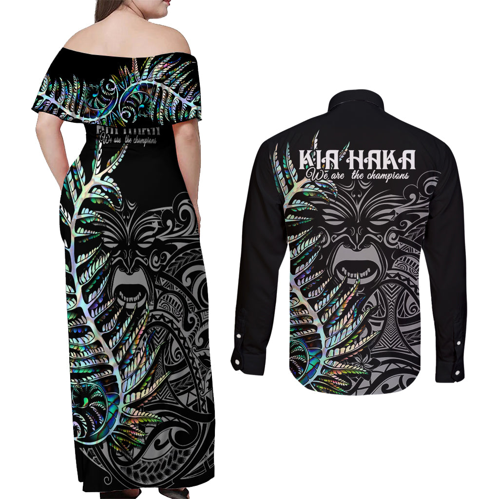 New Zealand Rugby Couples Matching Off Shoulder Maxi Dress and Long Sleeve Button Shirt NZ Black Fern Champions History With Papua Shell LT9 - Wonder Print Shop