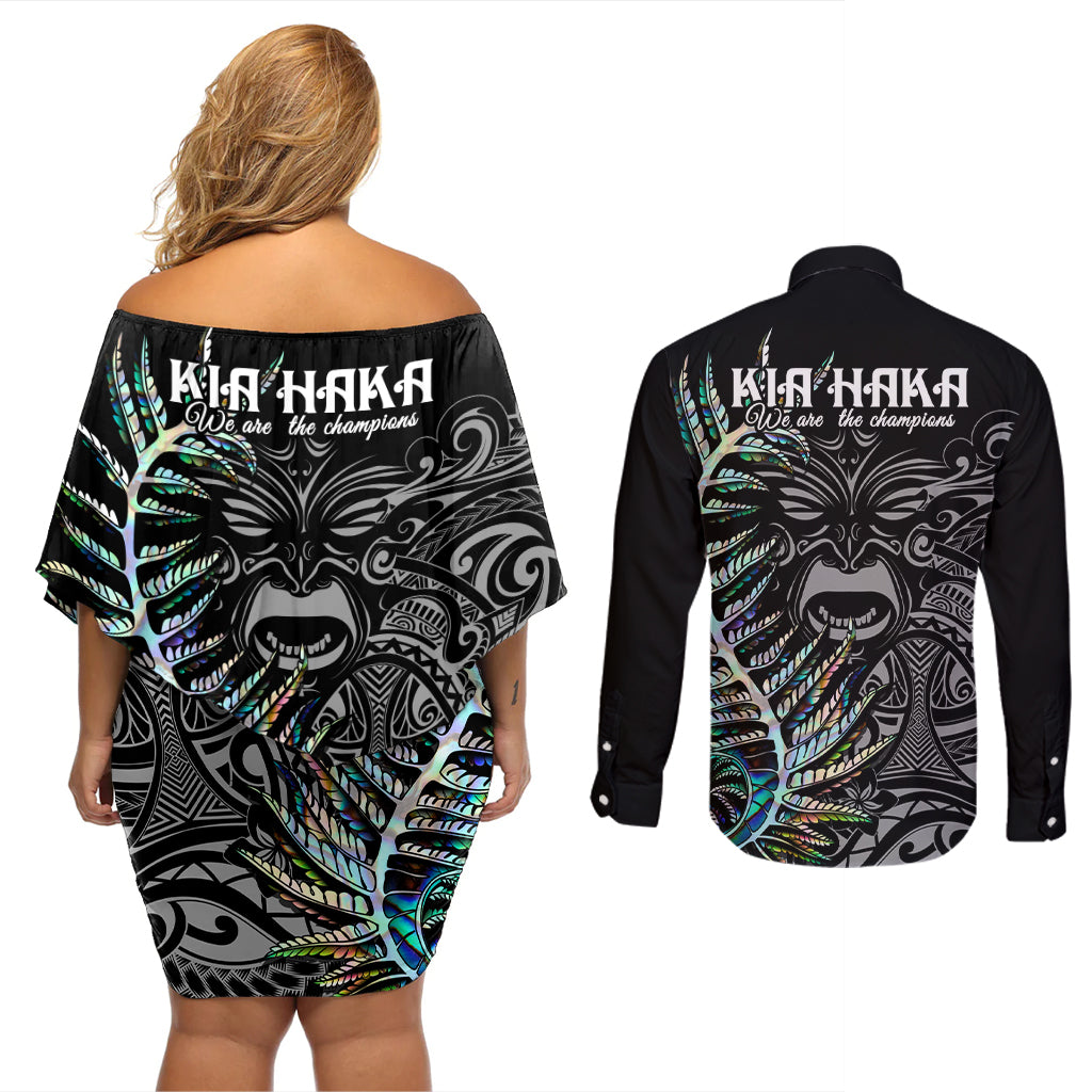 New Zealand Rugby Couples Matching Off Shoulder Short Dress and Long Sleeve Button Shirt NZ Black Fern Champions History With Papua Shell LT9 - Wonder Print Shop