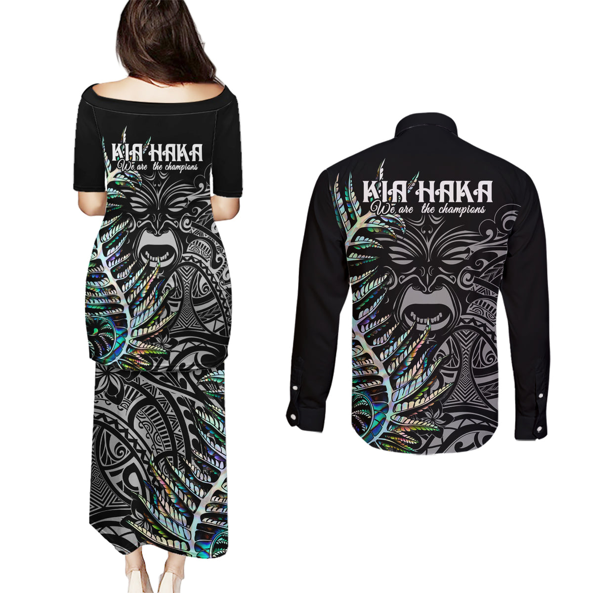 New Zealand Rugby Couples Matching Puletasi Dress and Long Sleeve Button Shirt NZ Black Fern Champions History With Papua Shell LT9 - Wonder Print Shop