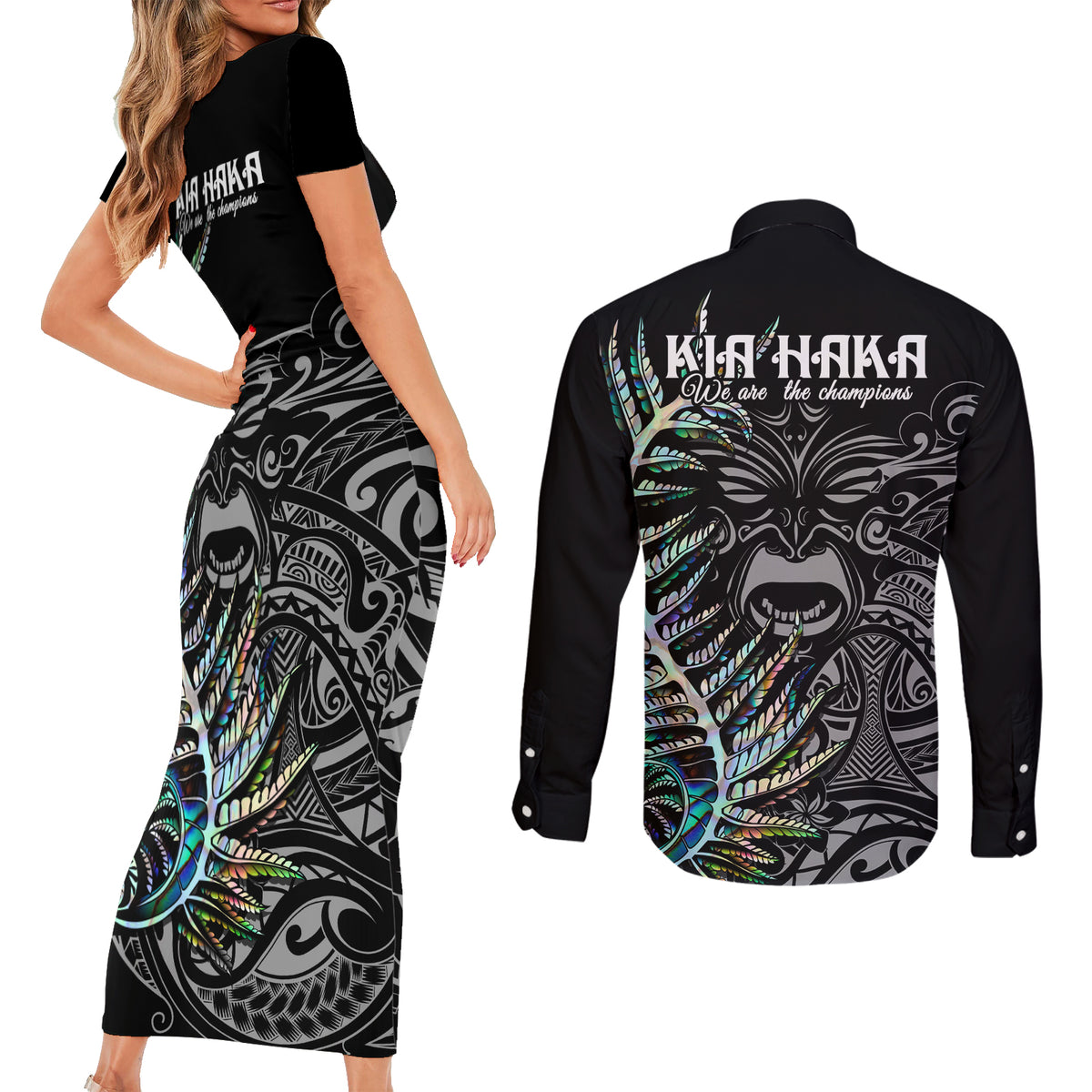 New Zealand Rugby Couples Matching Short Sleeve Bodycon Dress and Long Sleeve Button Shirt NZ Black Fern Champions History With Papua Shell LT9 - Wonder Print Shop