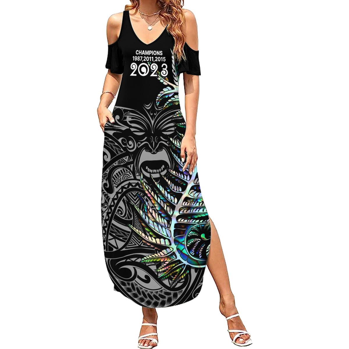 New Zealand Rugby Family Matching Summer Maxi Dress and Hawaiian Shirt NZ Black Fern Champions History With Papua Shell - Wonder Print Shop