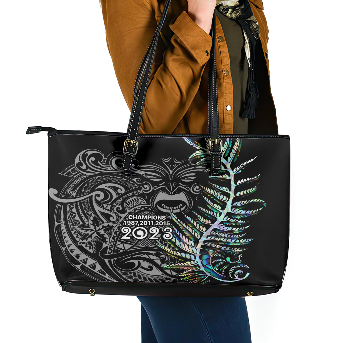 New Zealand Rugby Leather Tote Bag NZ Black Fern Champions History With Papua Shell - Wonder Print Shop