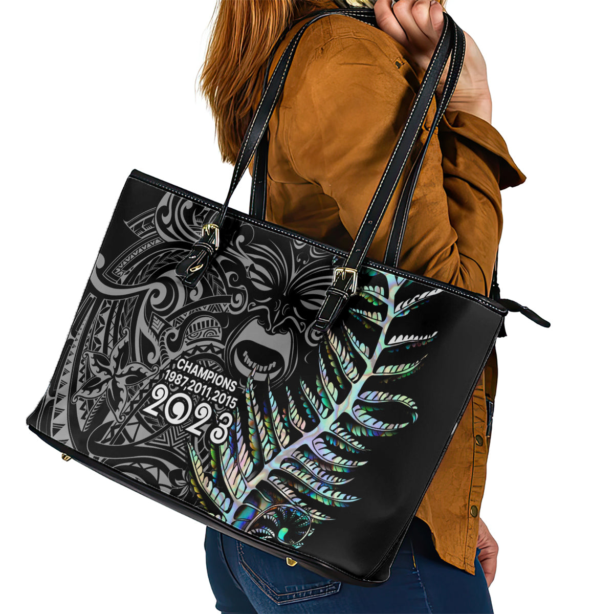 New Zealand Rugby Leather Tote Bag NZ Black Fern Champions History With Papua Shell - Wonder Print Shop