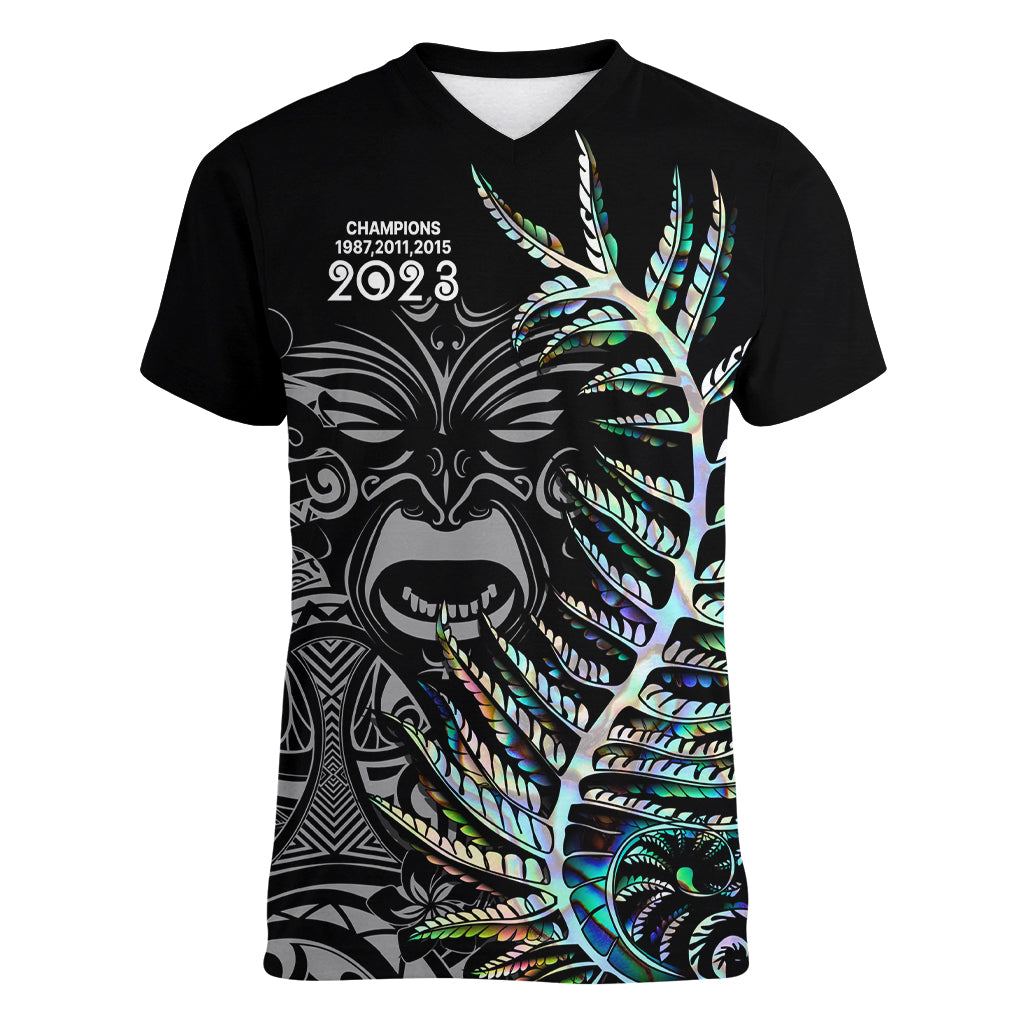 New Zealand Rugby Women V Neck T Shirt NZ Black Fern Champions History With Papua Shell - Wonder Print Shop