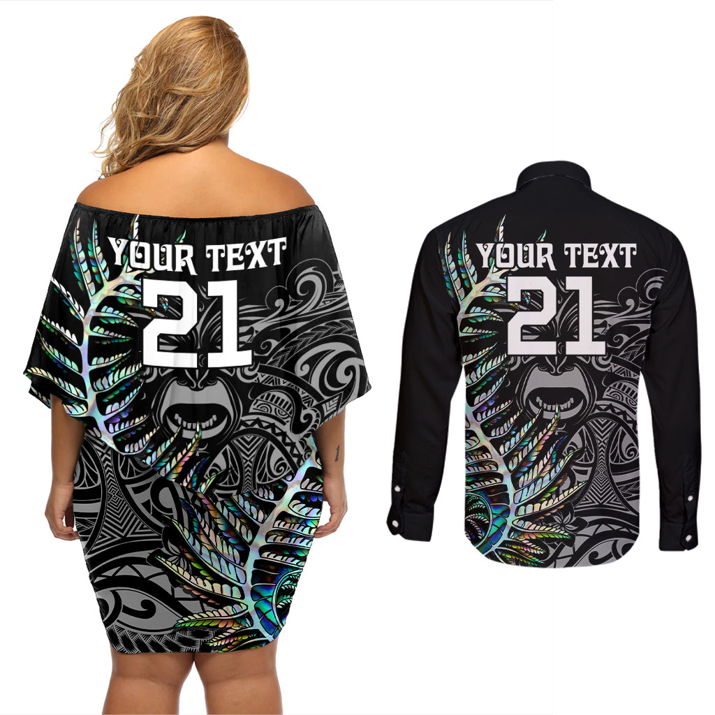 Custom New Zealand Rugby Couples Matching Off Shoulder Short Dress and Long Sleeve Button Shirt NZ Black Fern Champions History With Papua Shell LT9 - Wonder Print Shop