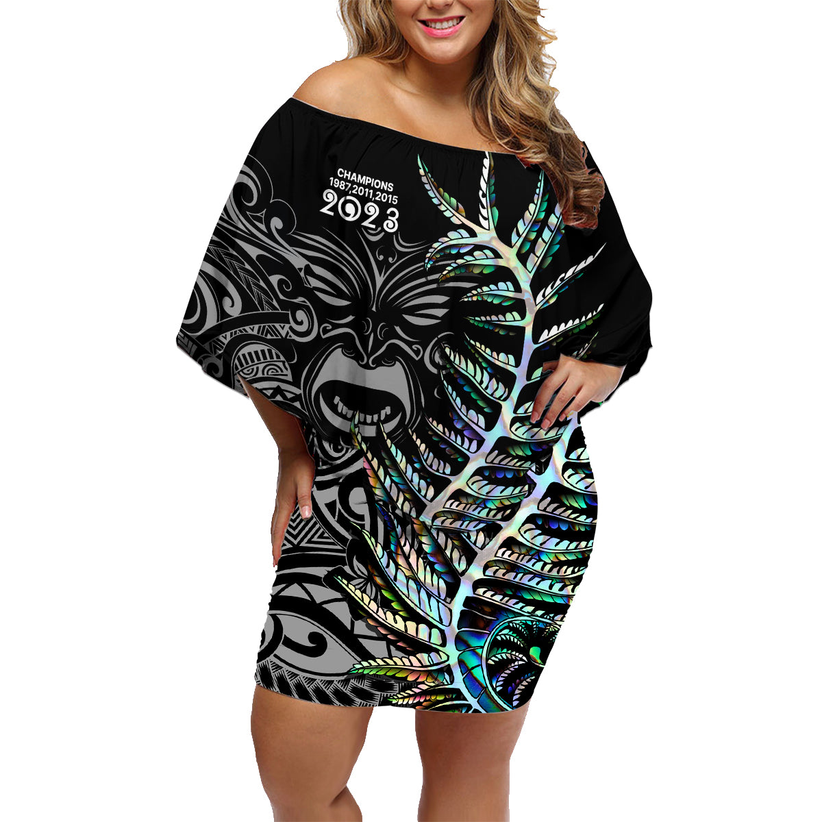 Custom New Zealand Rugby Family Matching Off Shoulder Short Dress and Hawaiian Shirt NZ Black Fern Champions History With Papua Shell LT9 - Wonder Print Shop