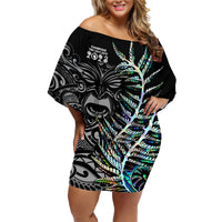 Custom New Zealand Rugby Family Matching Off Shoulder Short Dress and Hawaiian Shirt NZ Black Fern Champions History With Papua Shell LT9 - Wonder Print Shop