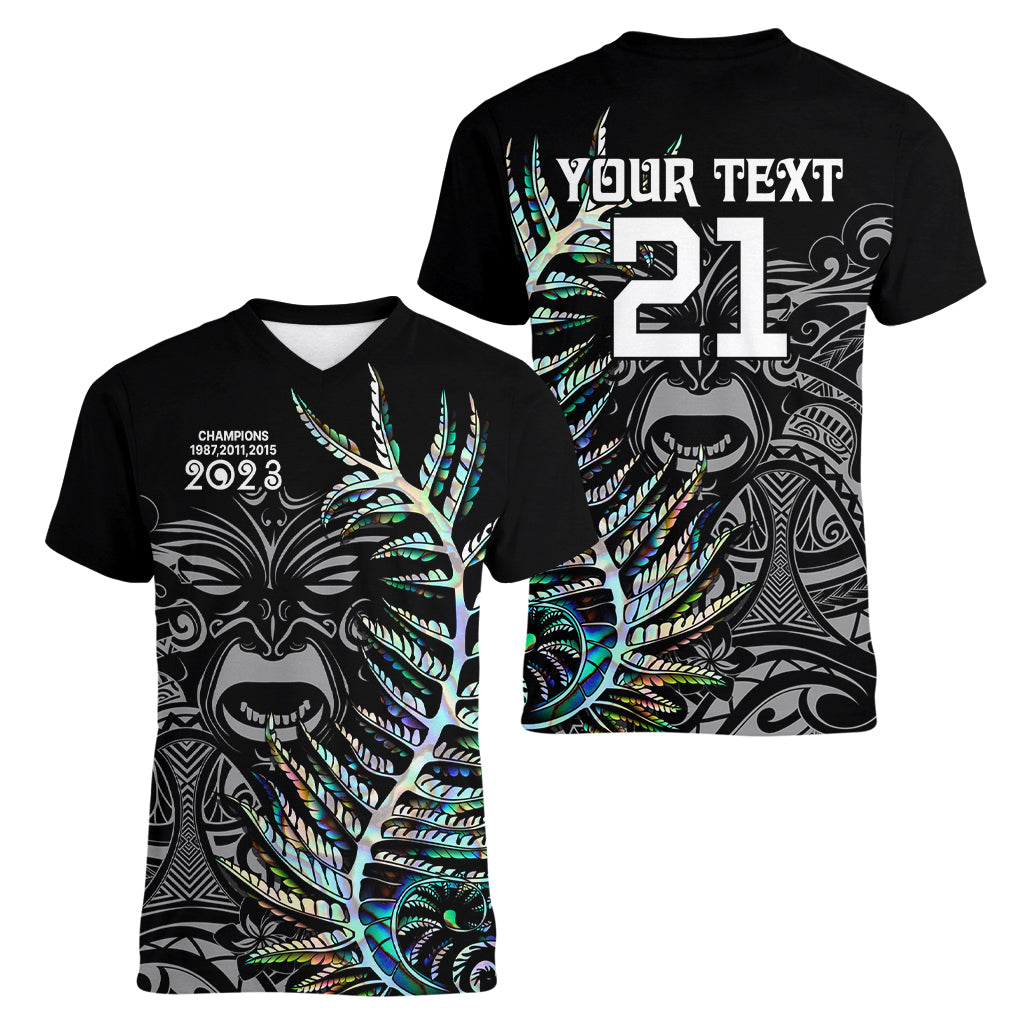 Custom New Zealand Rugby Women V Neck T Shirt NZ Black Fern Champions History With Papua Shell - Wonder Print Shop