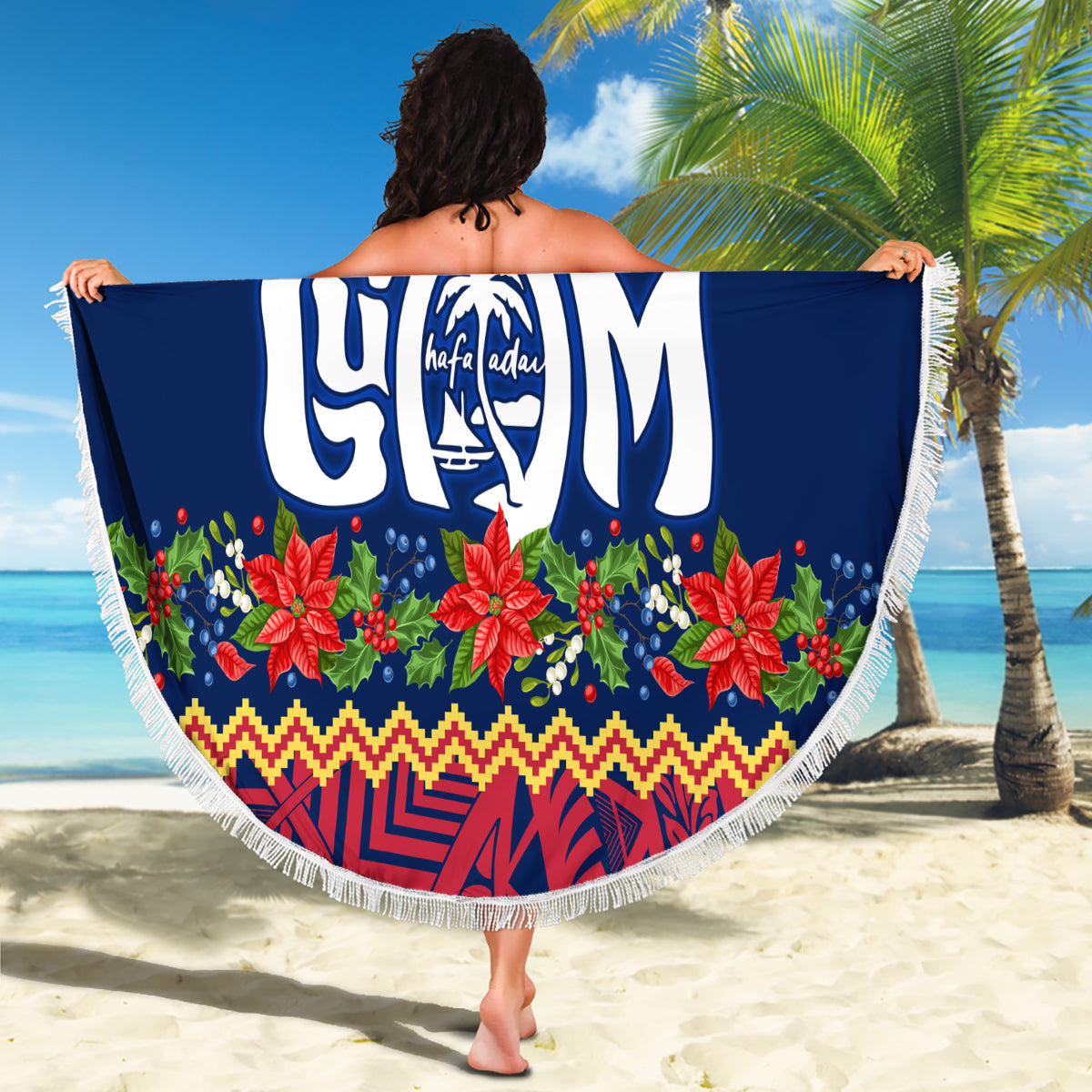 Personalised Guam Christmas Beach Blanket Felis Pusgua Santa Beach Polynesian Pattern LT9 - Wonder Print Shop