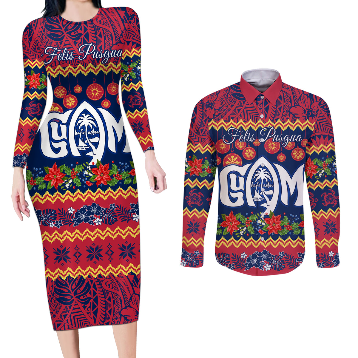 Personalised Guam Christmas Couples Matching Long Sleeve Bodycon Dress and Long Sleeve Button Shirt Felis Pusgua Santa Beach Polynesian Pattern LT9 - Wonder Print Shop