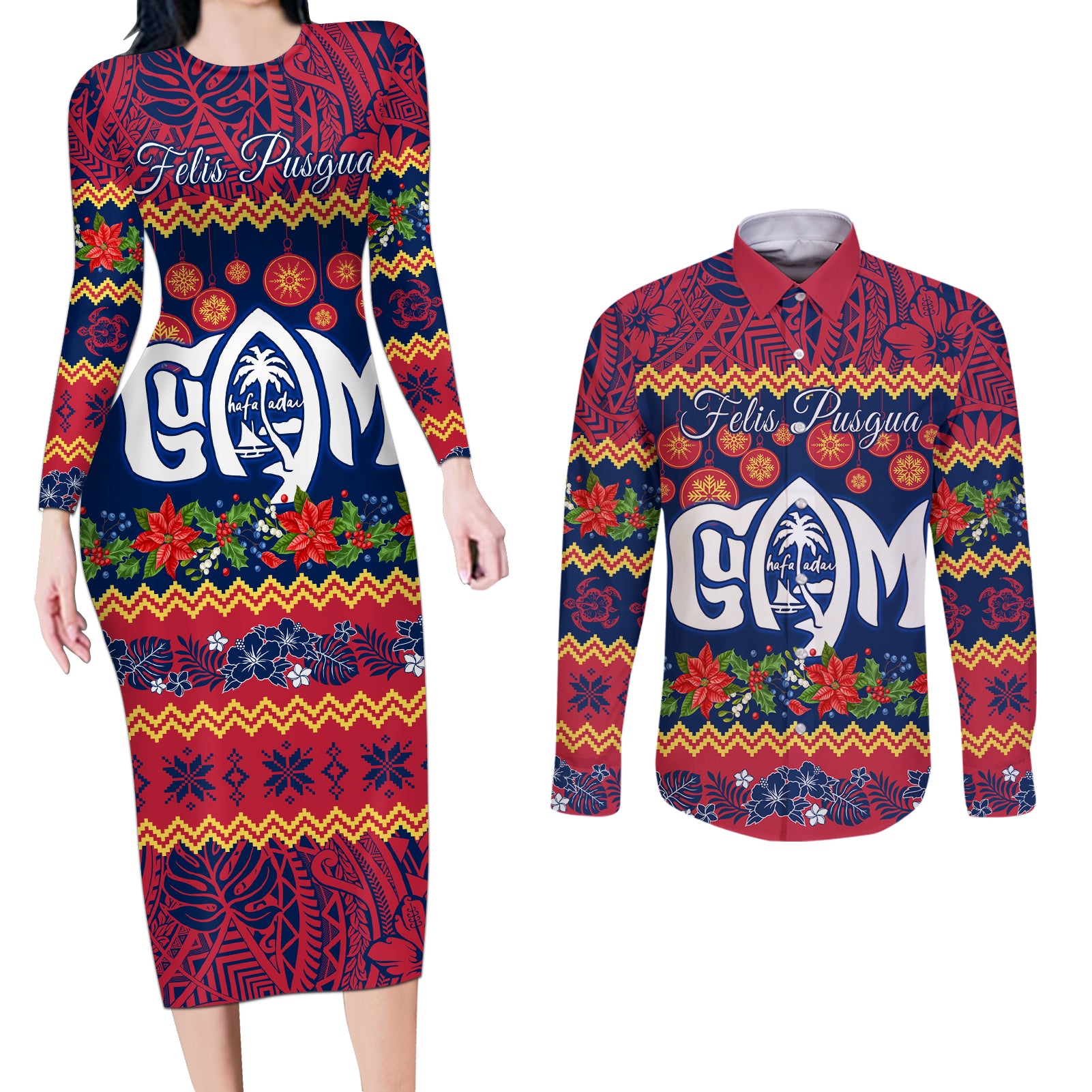 Personalised Guam Christmas Couples Matching Long Sleeve Bodycon Dress and Long Sleeve Button Shirt Felis Pusgua Santa Beach Polynesian Pattern LT9 - Wonder Print Shop