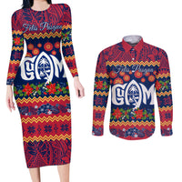 Personalised Guam Christmas Couples Matching Long Sleeve Bodycon Dress and Long Sleeve Button Shirt Felis Pusgua Santa Beach Polynesian Pattern LT9 - Wonder Print Shop