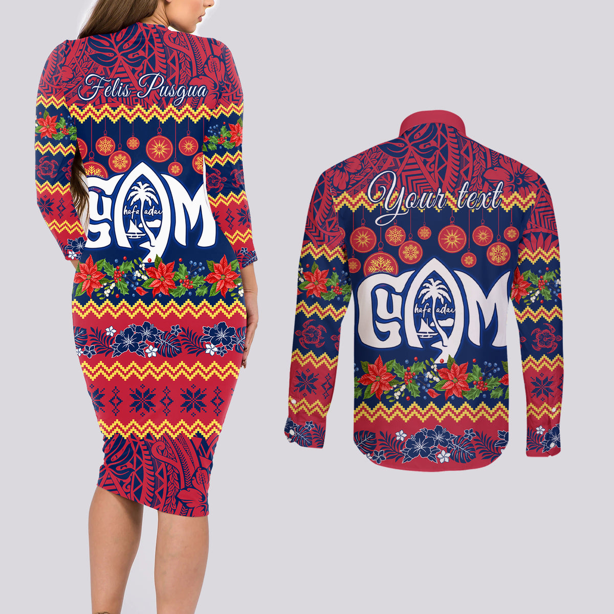 Personalised Guam Christmas Couples Matching Long Sleeve Bodycon Dress and Long Sleeve Button Shirt Felis Pusgua Santa Beach Polynesian Pattern LT9 - Wonder Print Shop
