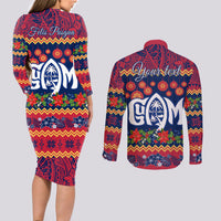 Personalised Guam Christmas Couples Matching Long Sleeve Bodycon Dress and Long Sleeve Button Shirt Felis Pusgua Santa Beach Polynesian Pattern LT9 - Wonder Print Shop