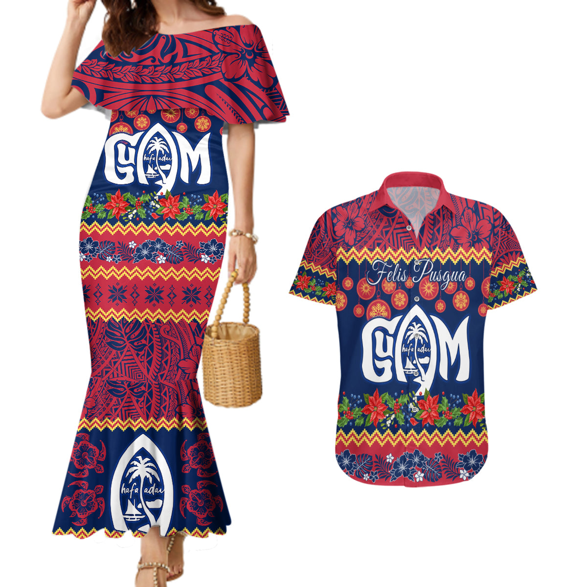 Personalised Guam Christmas Couples Matching Mermaid Dress and Hawaiian Shirt Felis Pusgua Santa Beach Polynesian Pattern LT9 - Wonder Print Shop