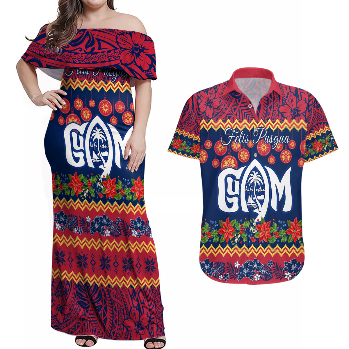 Personalised Guam Christmas Couples Matching Off Shoulder Maxi Dress and Hawaiian Shirt Felis Pusgua Santa Beach Polynesian Pattern LT9 - Wonder Print Shop