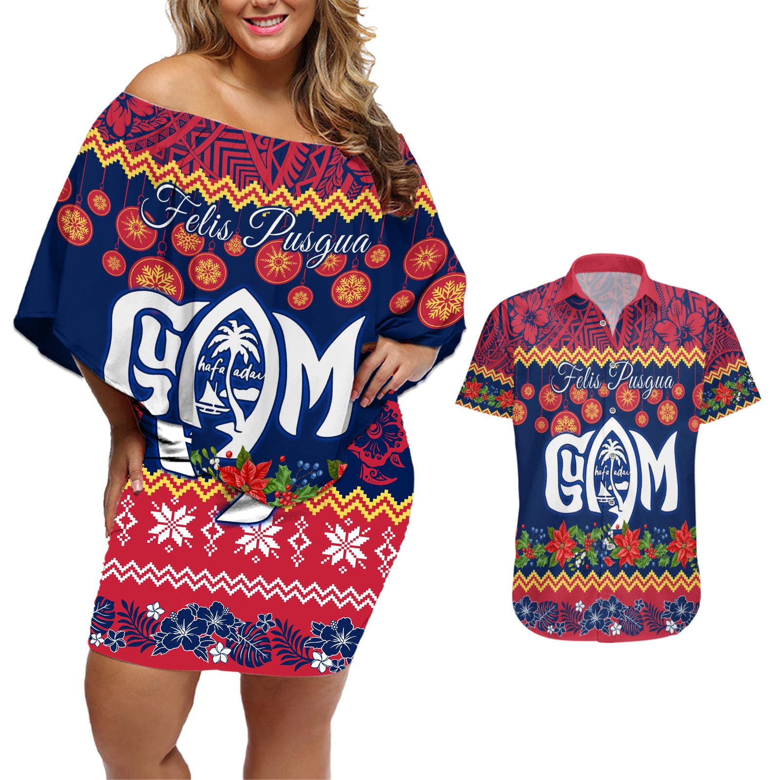 Personalised Guam Christmas Couples Matching Off Shoulder Short Dress and Hawaiian Shirt Felis Pusgua Santa Beach Polynesian Pattern LT9 - Wonder Print Shop