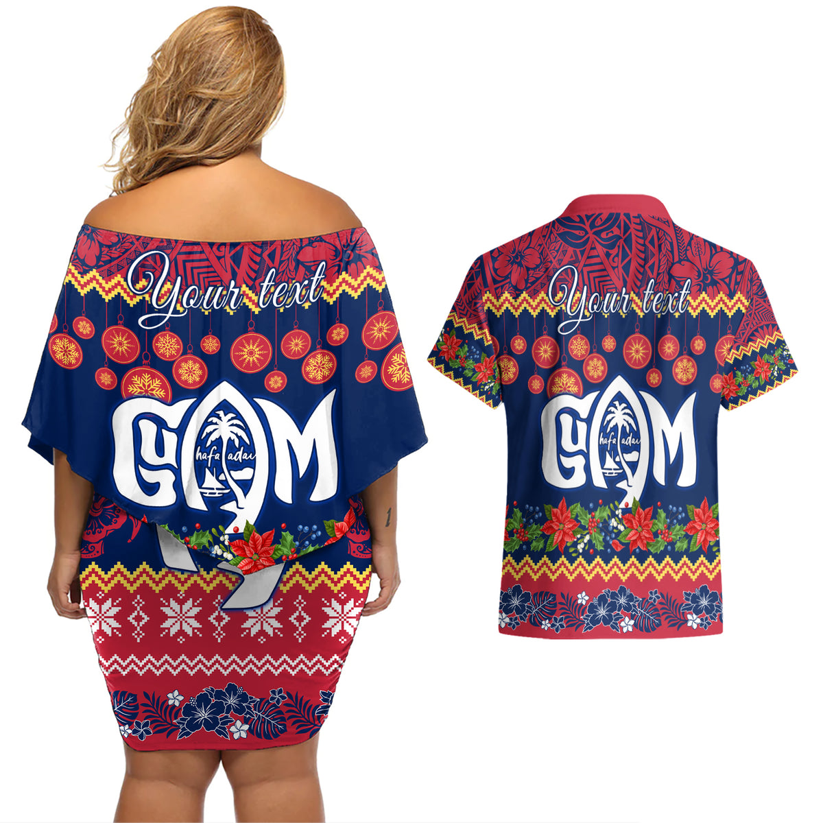 Personalised Guam Christmas Couples Matching Off Shoulder Short Dress and Hawaiian Shirt Felis Pusgua Santa Beach Polynesian Pattern LT9 - Wonder Print Shop