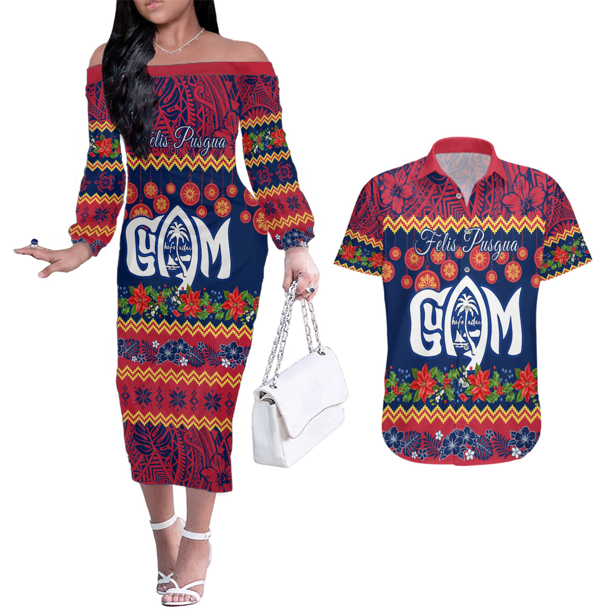 Personalised Guam Christmas Couples Matching Off The Shoulder Long Sleeve Dress and Hawaiian Shirt Felis Pusgua Santa Beach Polynesian Pattern LT9 - Wonder Print Shop
