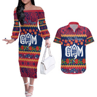 Personalised Guam Christmas Couples Matching Off The Shoulder Long Sleeve Dress and Hawaiian Shirt Felis Pusgua Santa Beach Polynesian Pattern LT9 - Wonder Print Shop