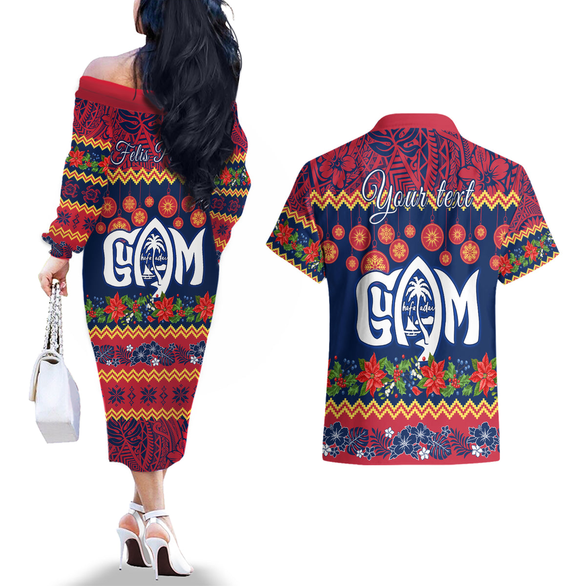 Personalised Guam Christmas Couples Matching Off The Shoulder Long Sleeve Dress and Hawaiian Shirt Felis Pusgua Santa Beach Polynesian Pattern LT9 - Wonder Print Shop