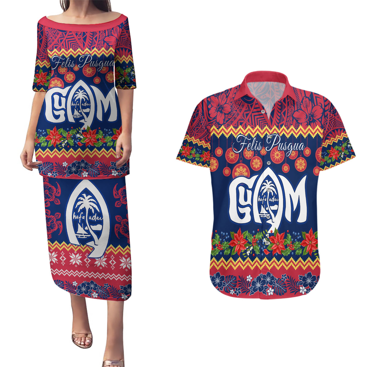 Personalised Guam Christmas Couples Matching Puletasi Dress and Hawaiian Shirt Felis Pusgua Santa Beach Polynesian Pattern LT9 - Wonder Print Shop