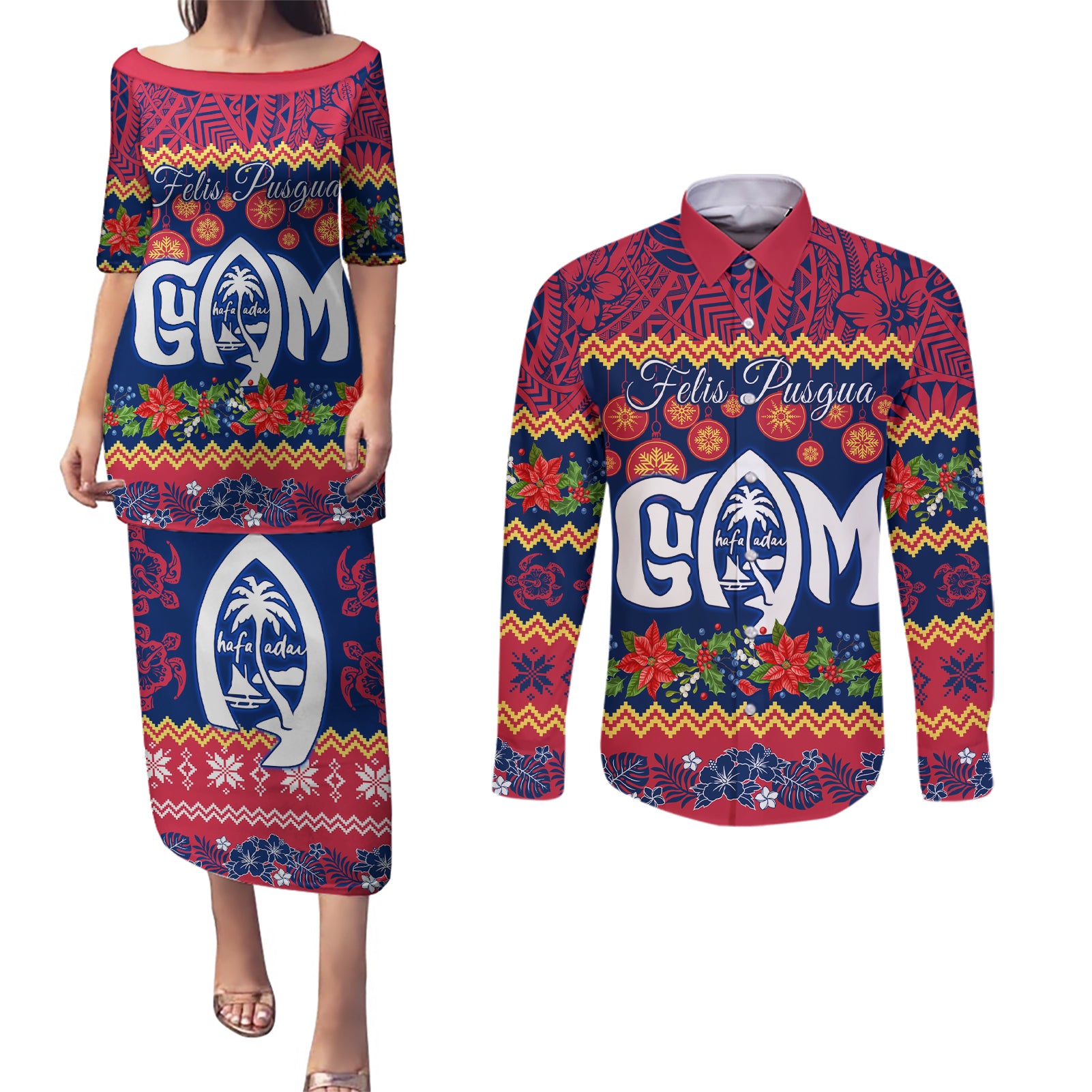 Personalised Guam Christmas Couples Matching Puletasi Dress and Long Sleeve Button Shirt Felis Pusgua Santa Beach Polynesian Pattern LT9 - Wonder Print Shop