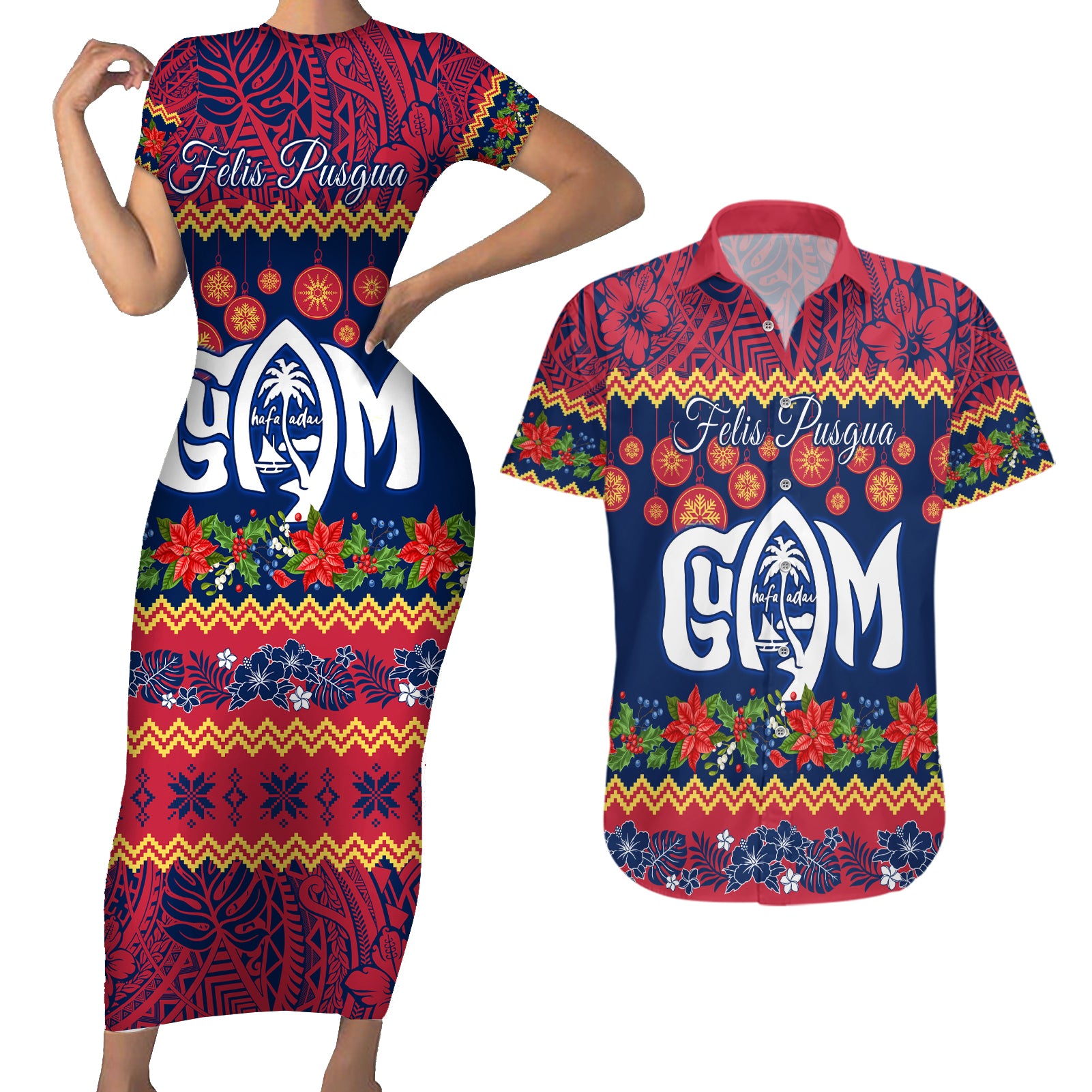 Personalised Guam Christmas Couples Matching Short Sleeve Bodycon Dress and Hawaiian Shirt Felis Pusgua Santa Beach Polynesian Pattern LT9 - Wonder Print Shop