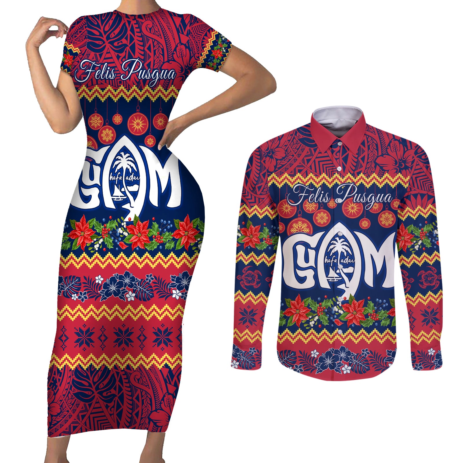 Personalised Guam Christmas Couples Matching Short Sleeve Bodycon Dress and Long Sleeve Button Shirt Felis Pusgua Santa Beach Polynesian Pattern LT9 - Wonder Print Shop