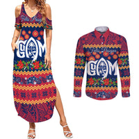 Personalised Guam Christmas Couples Matching Summer Maxi Dress and Long Sleeve Button Shirt Felis Pusgua Santa Beach Polynesian Pattern LT9 - Wonder Print Shop
