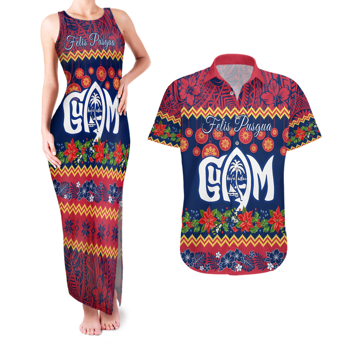 Personalised Guam Christmas Couples Matching Tank Maxi Dress and Hawaiian Shirt Felis Pusgua Santa Beach Polynesian Pattern LT9 - Wonder Print Shop