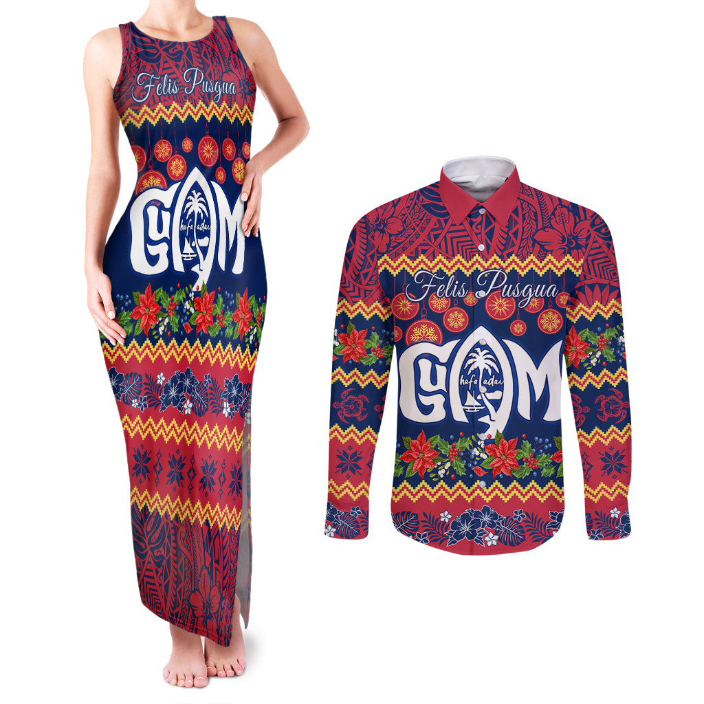 Personalised Guam Christmas Couples Matching Tank Maxi Dress and Long Sleeve Button Shirt Felis Pusgua Santa Beach Polynesian Pattern LT9 - Wonder Print Shop