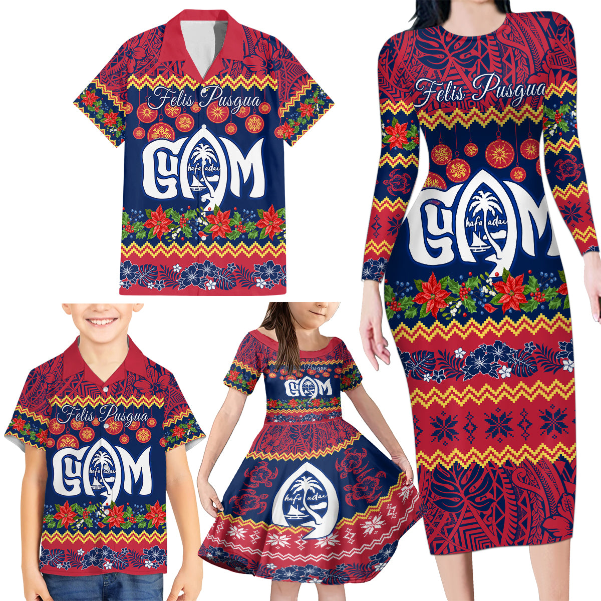 Personalised Guam Christmas Family Matching Long Sleeve Bodycon Dress and Hawaiian Shirt Felis Pusgua Santa Beach Polynesian Pattern LT9 - Wonder Print Shop