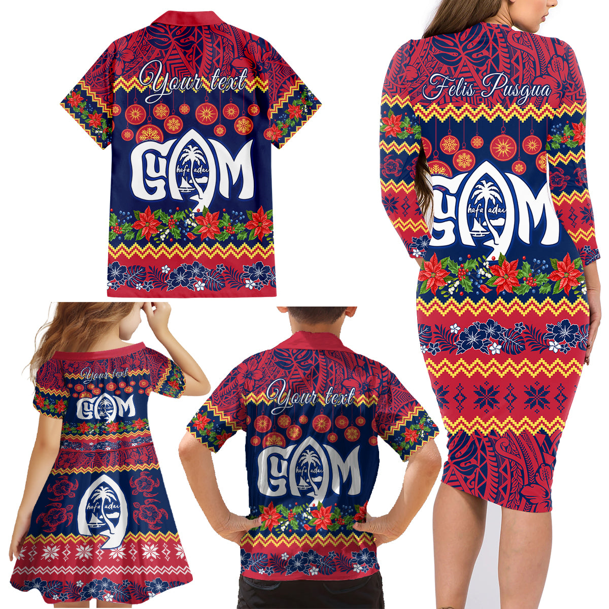 Personalised Guam Christmas Family Matching Long Sleeve Bodycon Dress and Hawaiian Shirt Felis Pusgua Santa Beach Polynesian Pattern LT9 - Wonder Print Shop