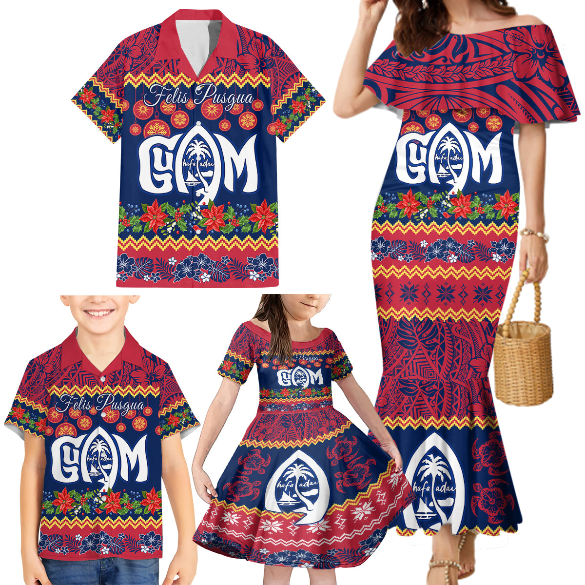 Personalised Guam Christmas Family Matching Mermaid Dress and Hawaiian Shirt Felis Pusgua Santa Beach Polynesian Pattern LT9 - Wonder Print Shop