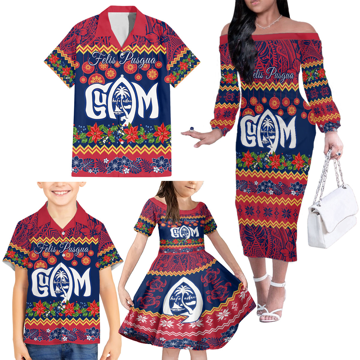 Personalised Guam Christmas Family Matching Off Shoulder Long Sleeve Dress and Hawaiian Shirt Felis Pusgua Santa Beach Polynesian Pattern - Wonder Print Shop