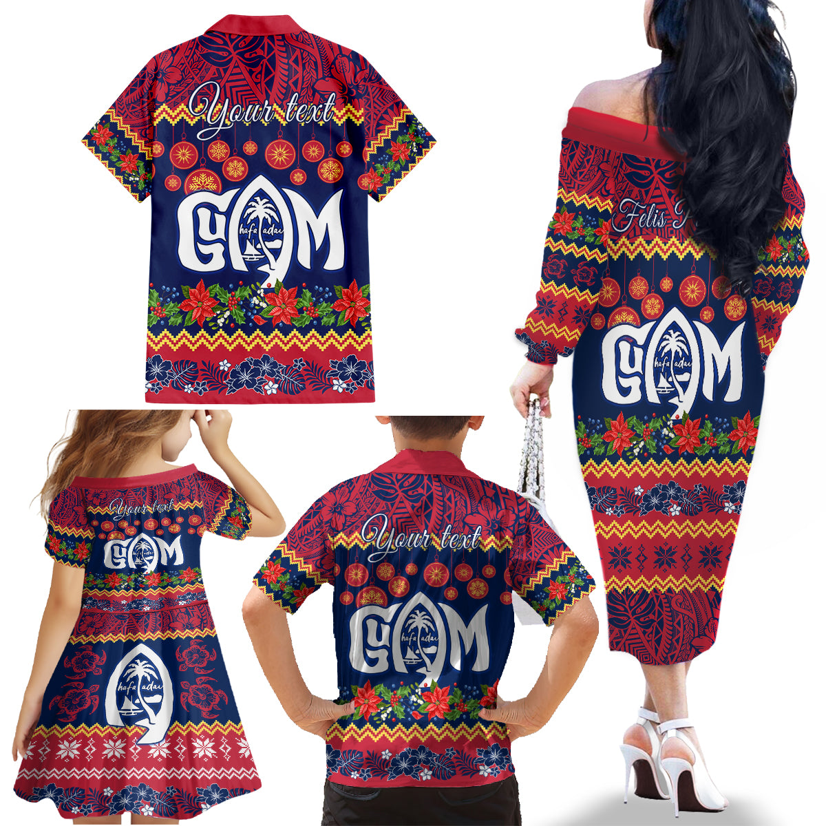 Personalised Guam Christmas Family Matching Off Shoulder Long Sleeve Dress and Hawaiian Shirt Felis Pusgua Santa Beach Polynesian Pattern - Wonder Print Shop