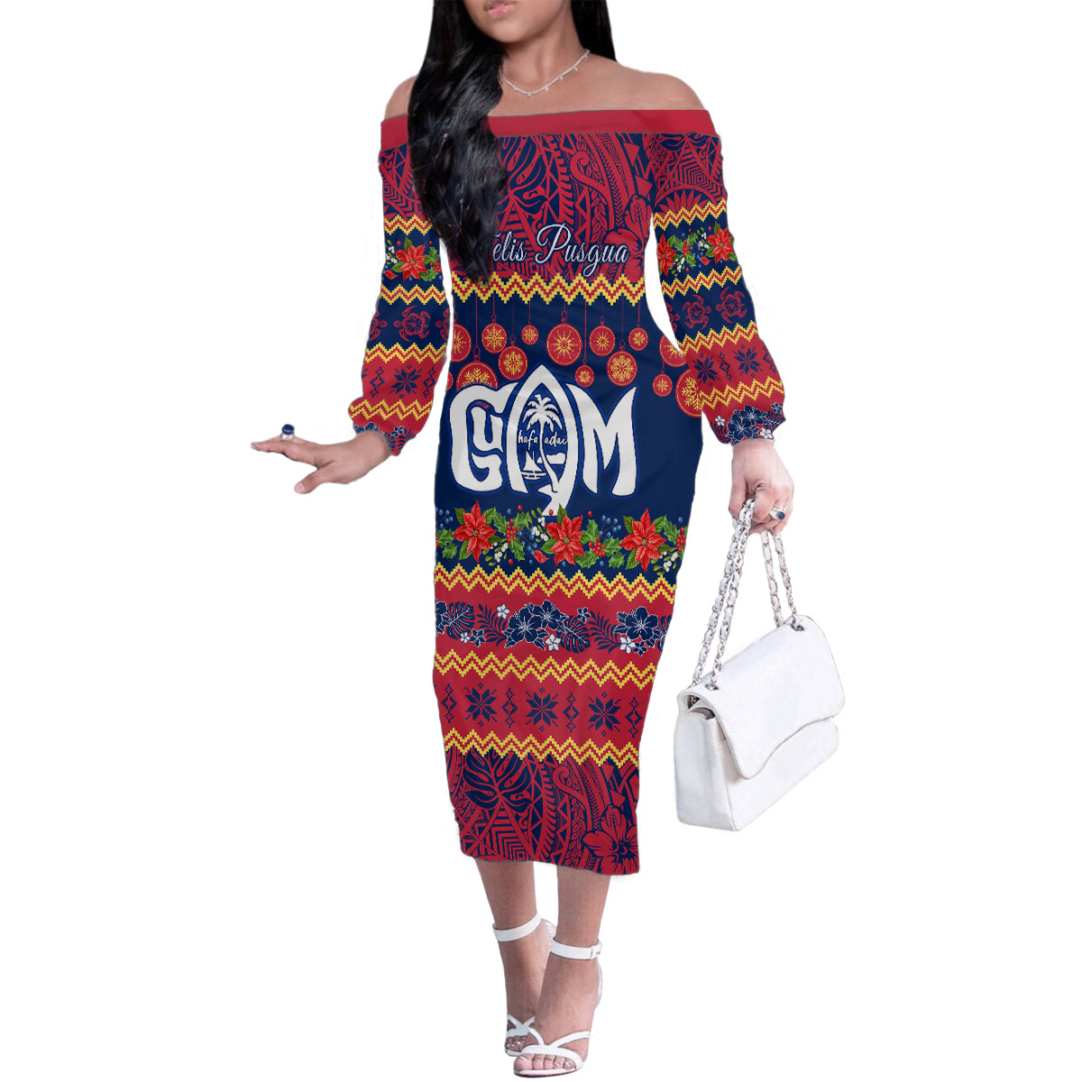 Personalised Guam Christmas Family Matching Off Shoulder Long Sleeve Dress and Hawaiian Shirt Felis Pusgua Santa Beach Polynesian Pattern - Wonder Print Shop