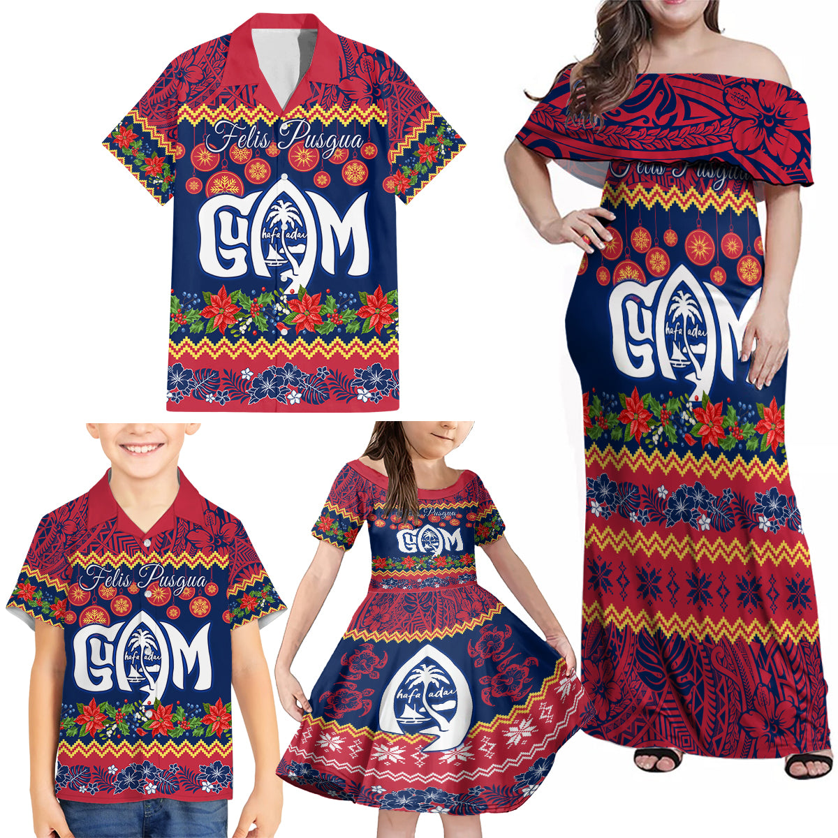 Personalised Guam Christmas Family Matching Off Shoulder Maxi Dress and Hawaiian Shirt Felis Pusgua Santa Beach Polynesian Pattern LT9 - Wonder Print Shop