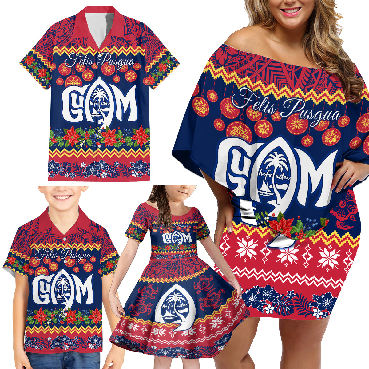 Personalised Guam Christmas Family Matching Off Shoulder Short Dress and Hawaiian Shirt Felis Pusgua Santa Beach Polynesian Pattern LT9 - Wonder Print Shop