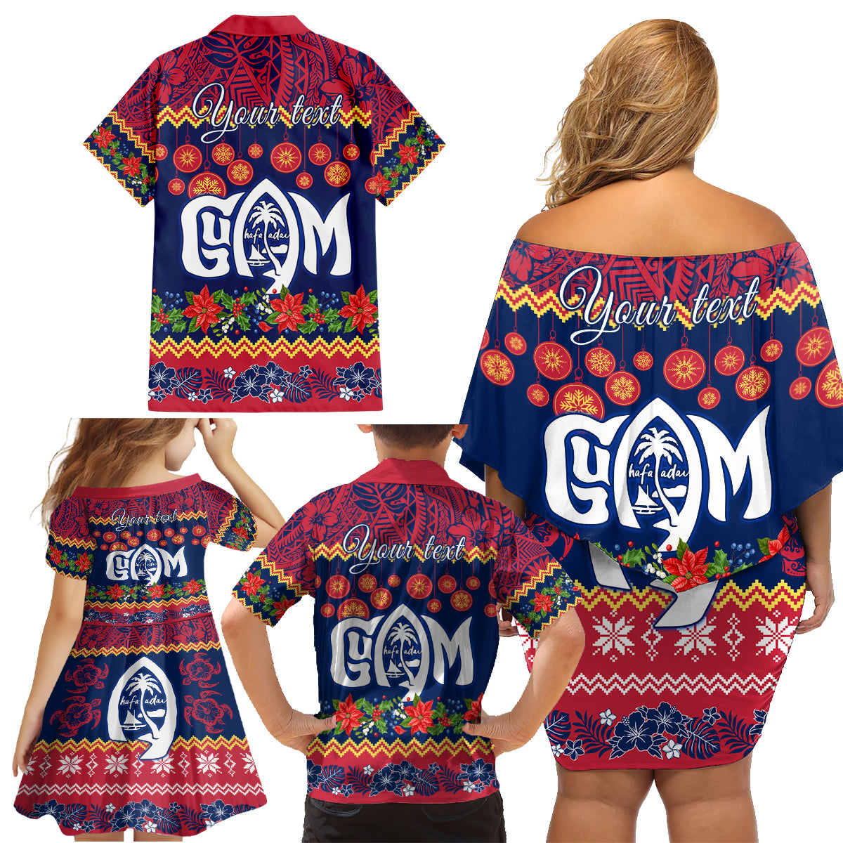 Personalised Guam Christmas Family Matching Off Shoulder Short Dress and Hawaiian Shirt Felis Pusgua Santa Beach Polynesian Pattern LT9 - Wonder Print Shop