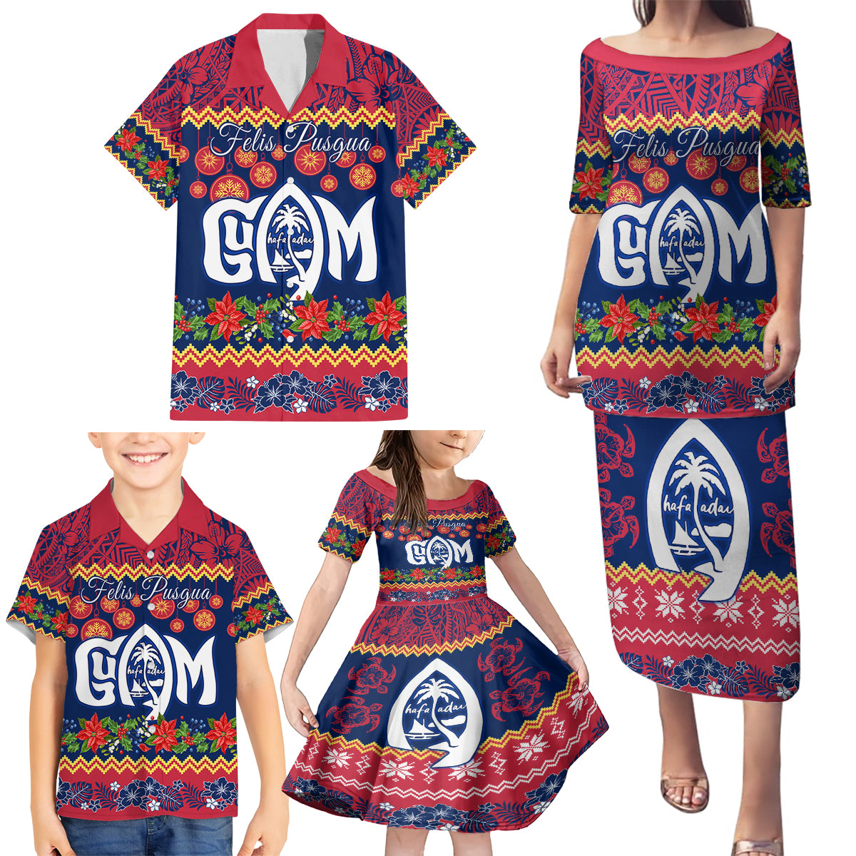 Personalised Guam Christmas Family Matching Puletasi Dress and Hawaiian Shirt Felis Pusgua Santa Beach Polynesian Pattern - Wonder Print Shop
