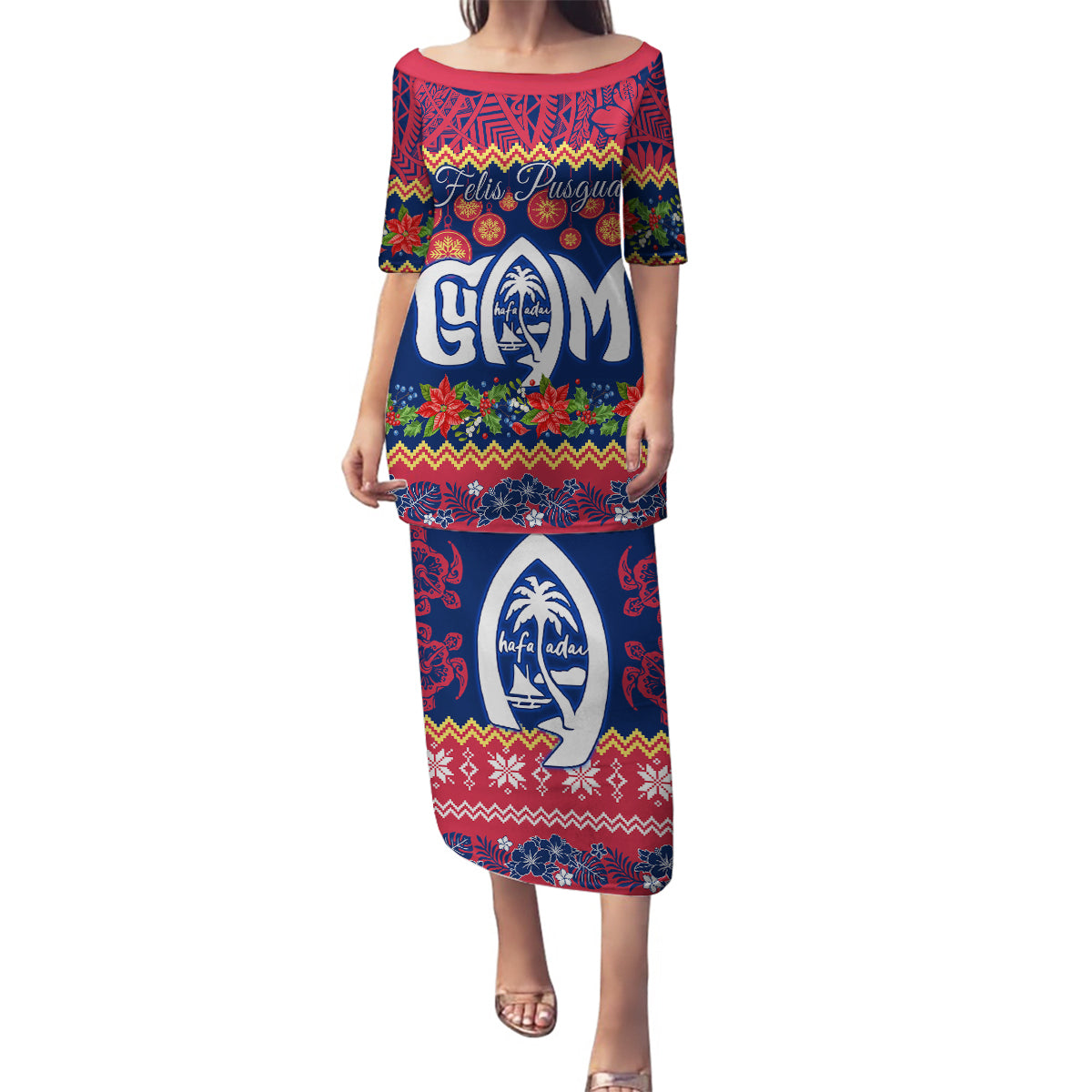 Personalised Guam Christmas Family Matching Puletasi Dress and Hawaiian Shirt Felis Pusgua Santa Beach Polynesian Pattern - Wonder Print Shop