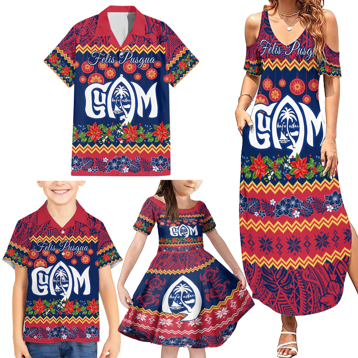 Personalised Guam Christmas Family Matching Summer Maxi Dress and Hawaiian Shirt Felis Pusgua Santa Beach Polynesian Pattern - Wonder Print Shop