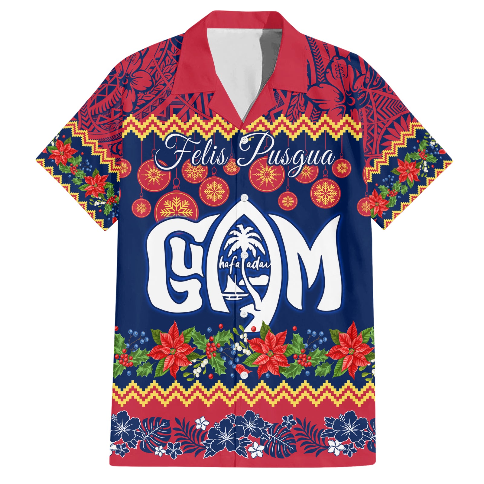 Personalised Guam Christmas Hawaiian Shirt Felis Pusgua Santa Beach Polynesian Pattern - Wonder Print Shop