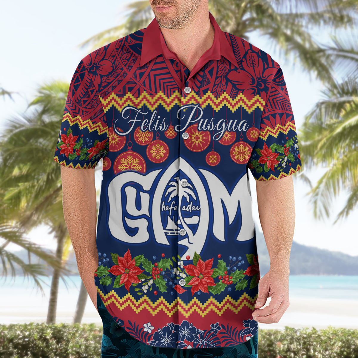 Personalised Guam Christmas Hawaiian Shirt Felis Pusgua Santa Beach Polynesian Pattern - Wonder Print Shop