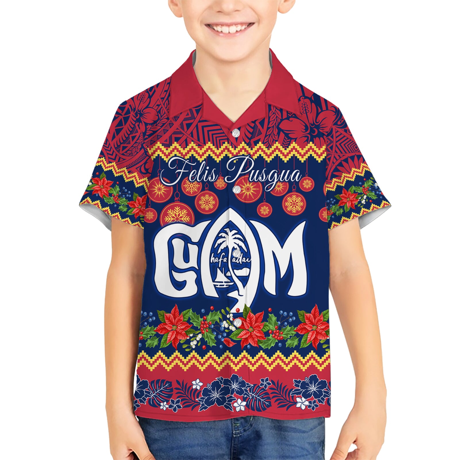 Personalised Guam Christmas Kid Hawaiian Shirt Felis Pusgua Santa Beach Polynesian Pattern - Wonder Print Shop