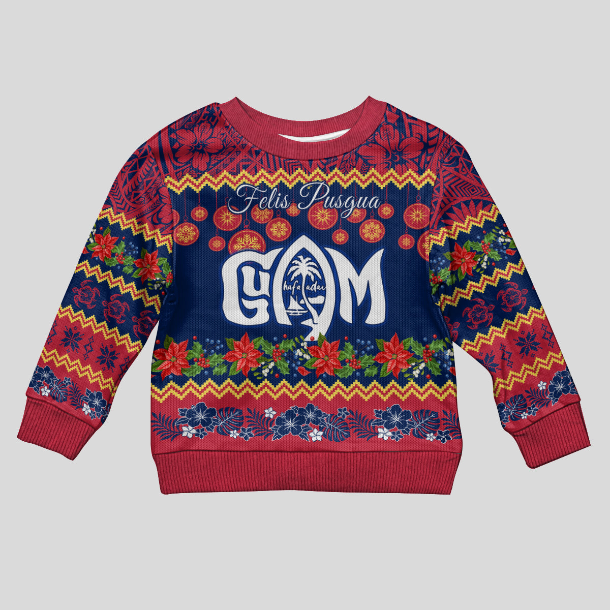 Personalised Guam Christmas Kid Ugly Christmas Sweater Felis Pusgua Santa Beach Polynesian Pattern - Wonder Print Shop