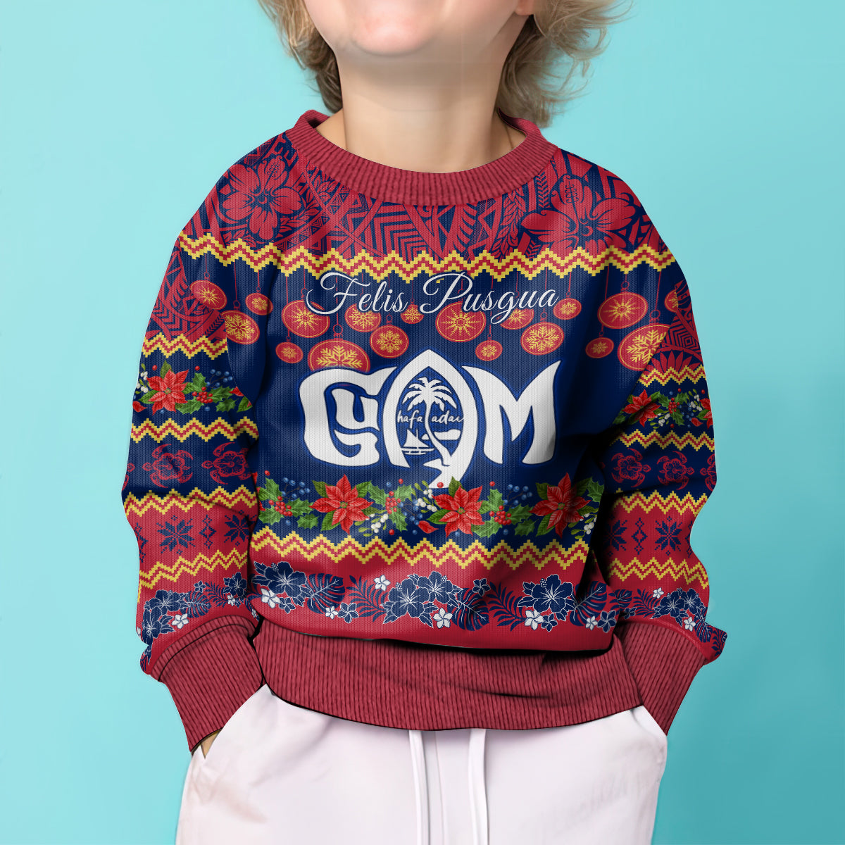 Personalised Guam Christmas Kid Ugly Christmas Sweater Felis Pusgua Santa Beach Polynesian Pattern - Wonder Print Shop