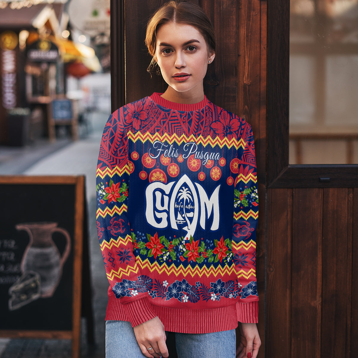 Personalised Guam Christmas Ugly Christmas Sweater Felis Pusgua Santa Beach Polynesian Pattern - Wonder Print Shop